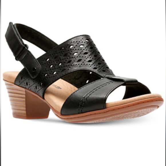 Clarks Shoes - Clarks Valarie Mindi Block Heel Leather Slingback Hook and Loop Sandals Size‎ 10